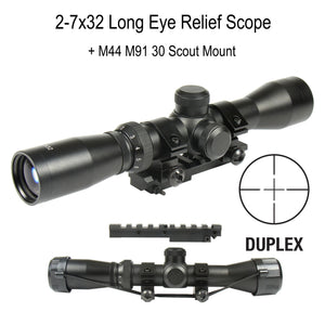 Mosin Nagant 2-7x32 Long Eye Relief Scope + M44 M91 30 Scout Mount Package